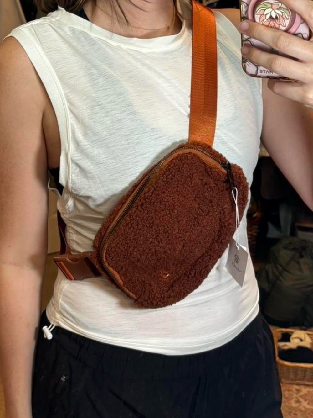 Brown Sherpa Crossbody Belt Bag - Casual Hands-Free Carry